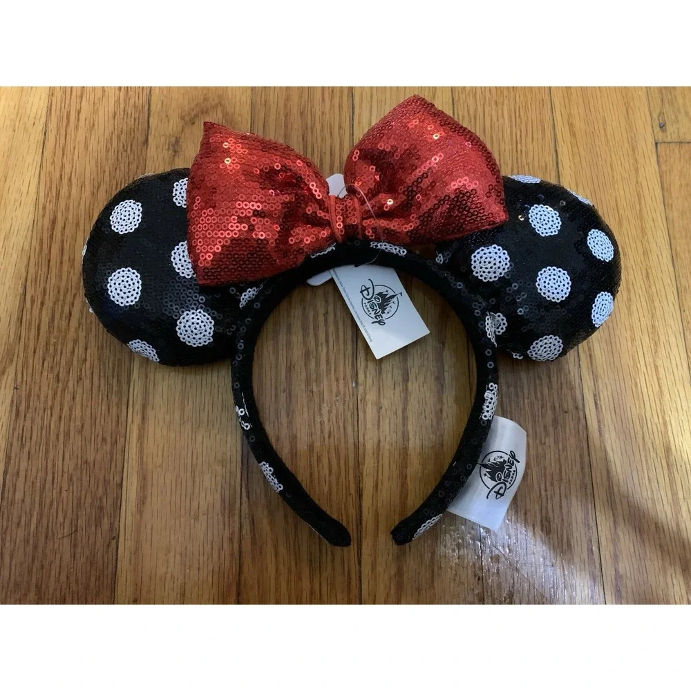 Disney Parks Minnie Mouse Sequined Black White Polka Dot Red Bow Ears Headband